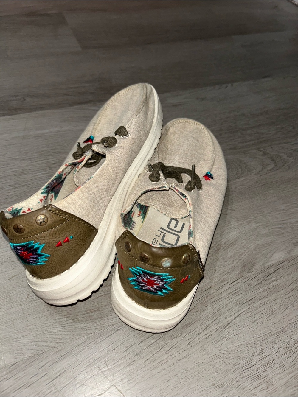 Hey Dude Kids Slip-On Sneakers in Beige and Olive with Turquoise Embroidery